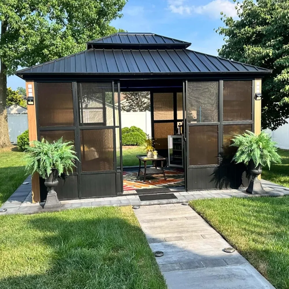 12 'X 14' Terrace Hardtop Pavilion, Double Roof Outdoor Screen House Aluminum Sunroom, Backyard Sunroom with Removable Windows