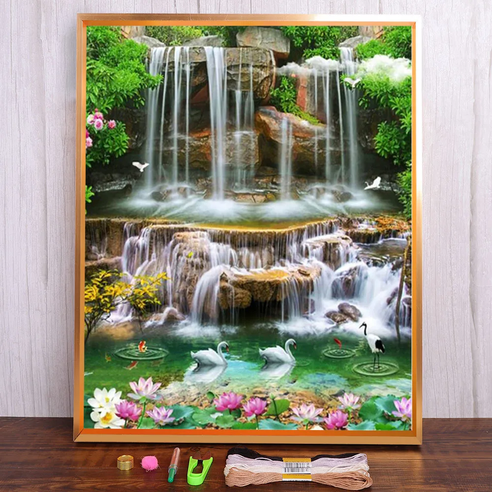 Landscape Waterfall Printed Fabric 11CT Cross-Stitch Full Kit Embroidery DMC Threads Knitting Handicraft Hobby Craft    Jewelry