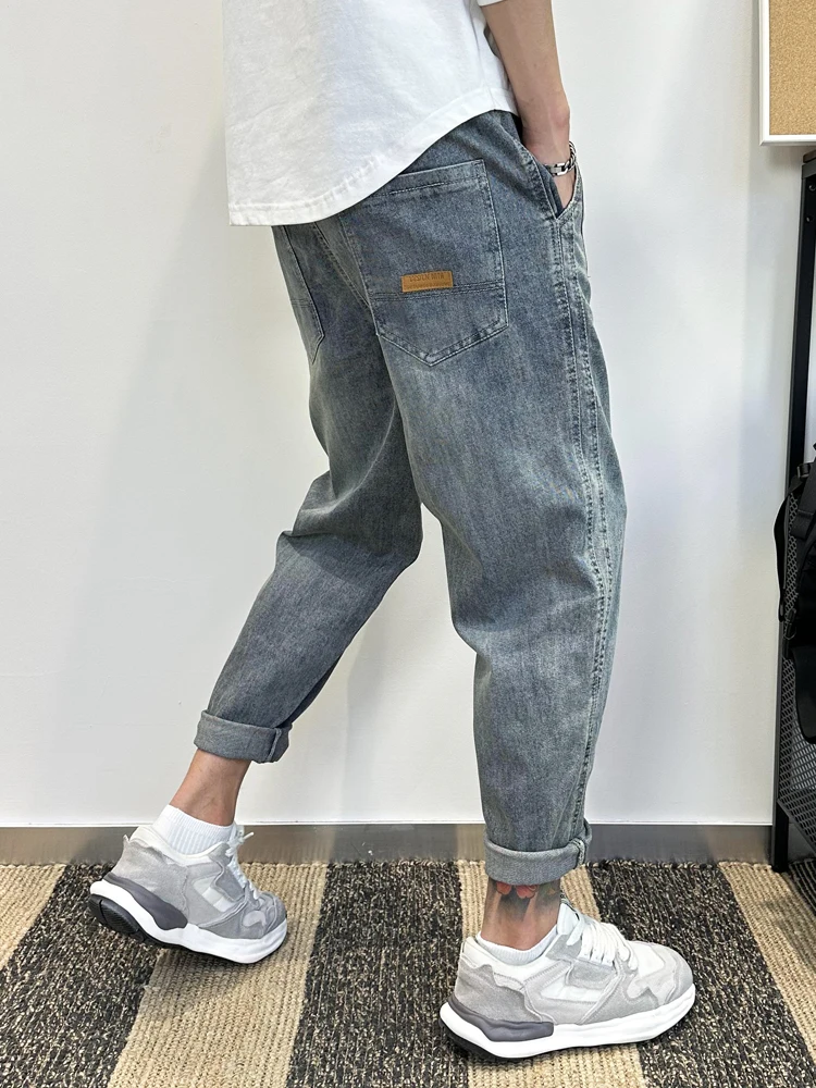 

Летние мужские джинсы свободного кроя «Харлан» с эластичным поясом, широкие штанины, укороченные, стройнящие, модные повседневные джинсы для молодежи