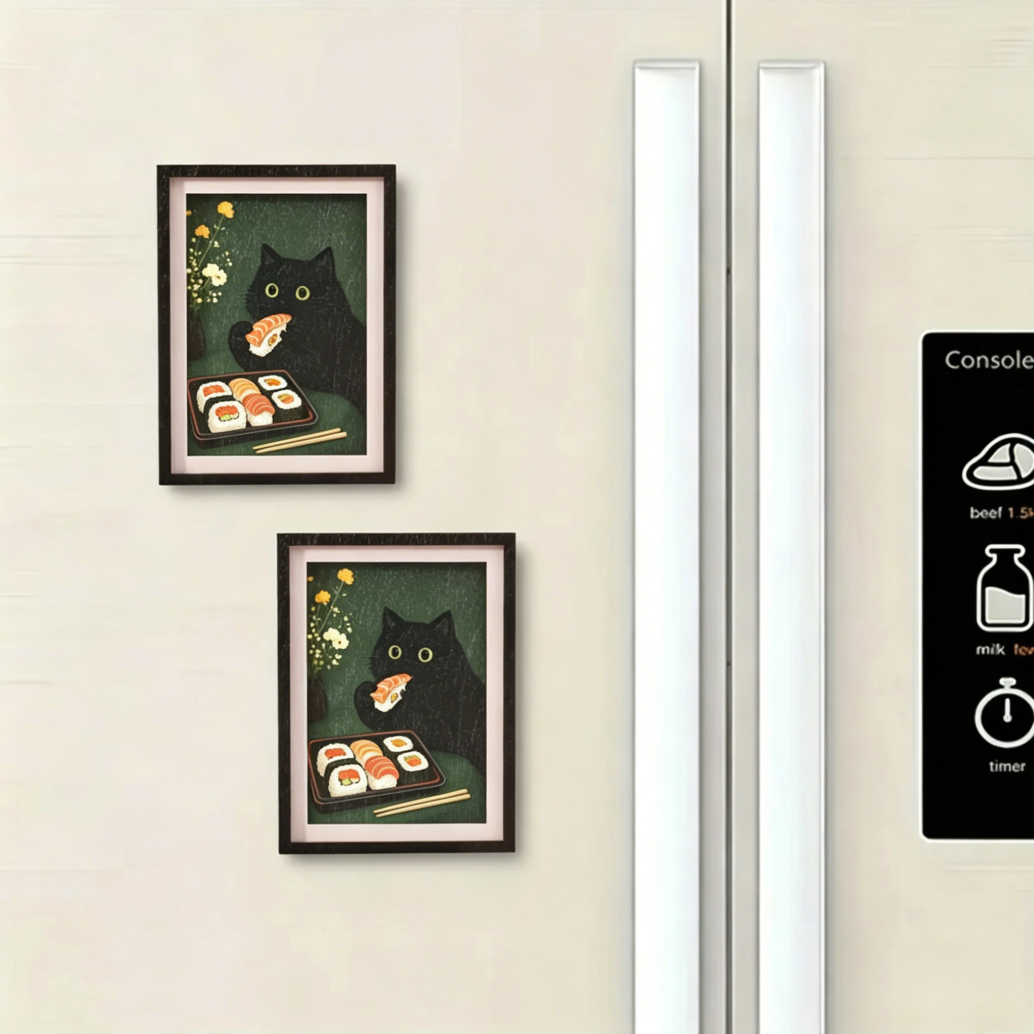 Vintage Holzrahmen-Kühlschrankmagnet, Niedliche Schwarze Katze beim Sushi-Genuss, Kühlschrank-Deko für Küche, Zuhause & Geschenk für Katzenliebhaber – Detail 5