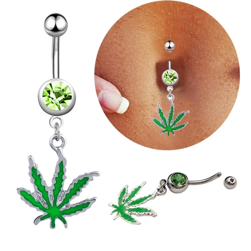 316L Stainless Steel Leaf Belly Button Ring for Women, Green Maple Leaf Dangle Belly Rings Barbell Navel Body Piercing Jewelry