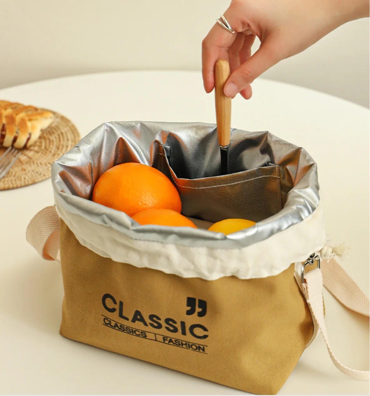 Japanische Lunchtasche aus robustem Canvas für die Arbeit, hält Speisen warm und frisch, tragbar für Studenten, multifunktionale Tragetasche. – Detail 7