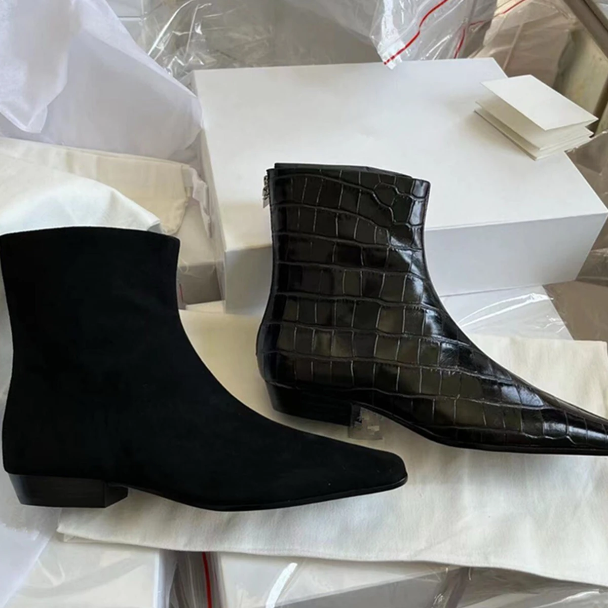 

Dave&Di 2024 Autumn/Winter Retro Square Head Chelsea Boots with Minimalist Genuine Leather Crocodile Pattern Ankle Boots Women