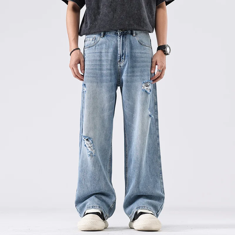 

Ripped Distressed Holes Jean Men Straight Jeans Washed Loose Fit High Waist Full Length Denim Pants Zipper Fly Casual 2025