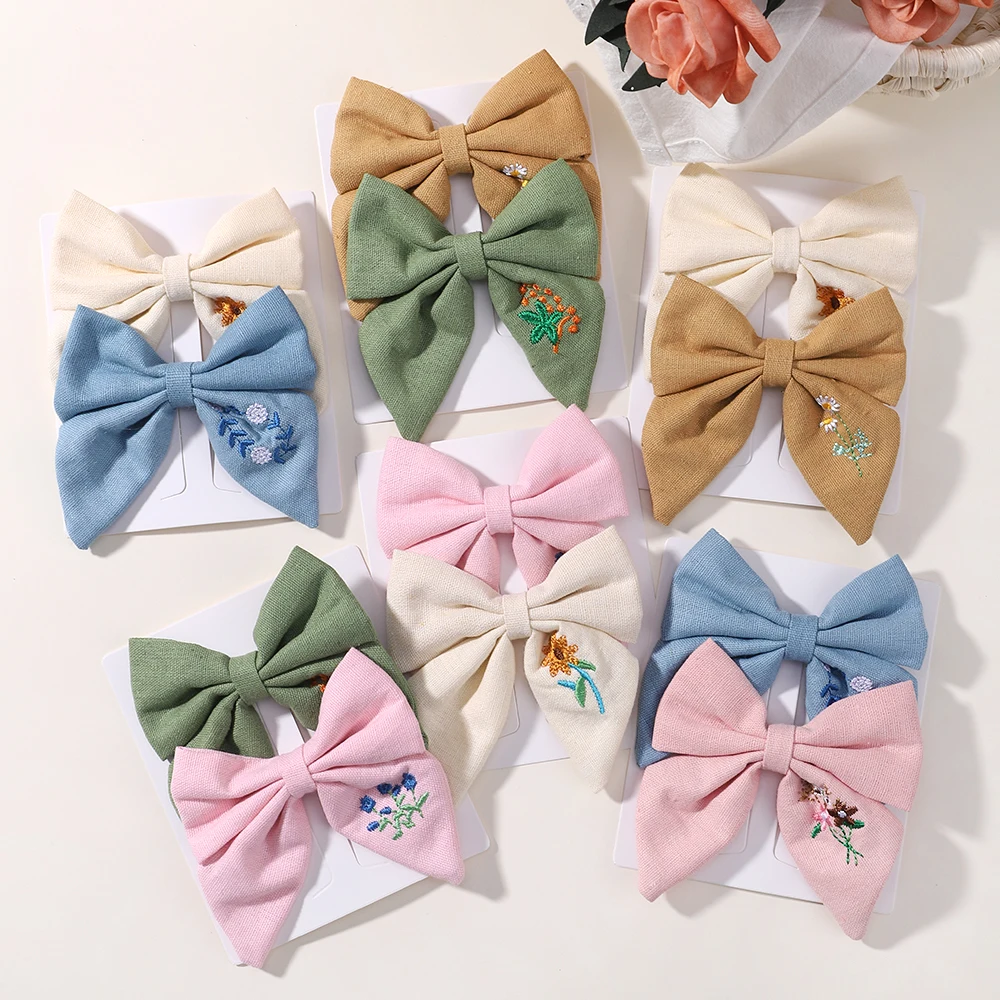 2Pcs/Set Embroidery Bows Hair Clips Solid Hairpins for Girls Handmade Ribbon Barrettes Child Butterfly Hair Pin Korean Headwear