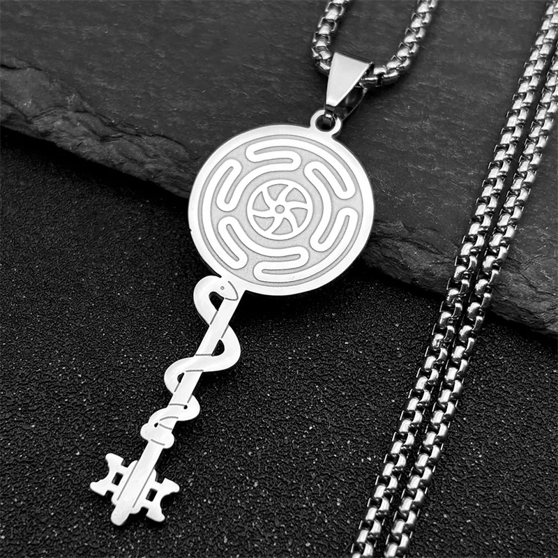 Witch Hekate Wheel Pendant Necklace Stainless Steel Wicca Magic Symbol Hecate Snake Key Chain Necklaces Femme Jewelry Collare