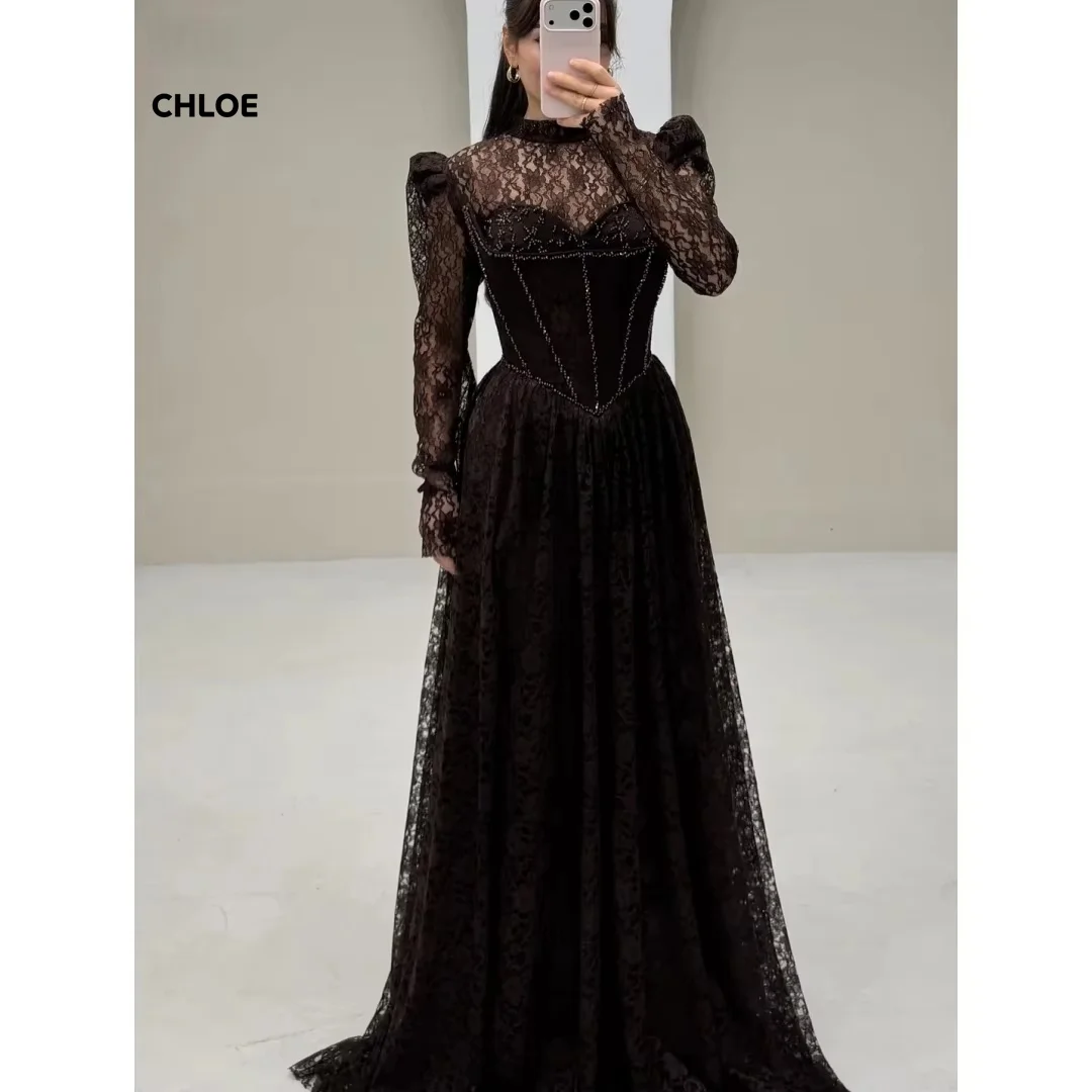 

Customized Formal & Evening Gowns Long Sleeves Round Neck Elegant Dresses Woman for Evening Party Line A 3D Flowers Prom Dress
