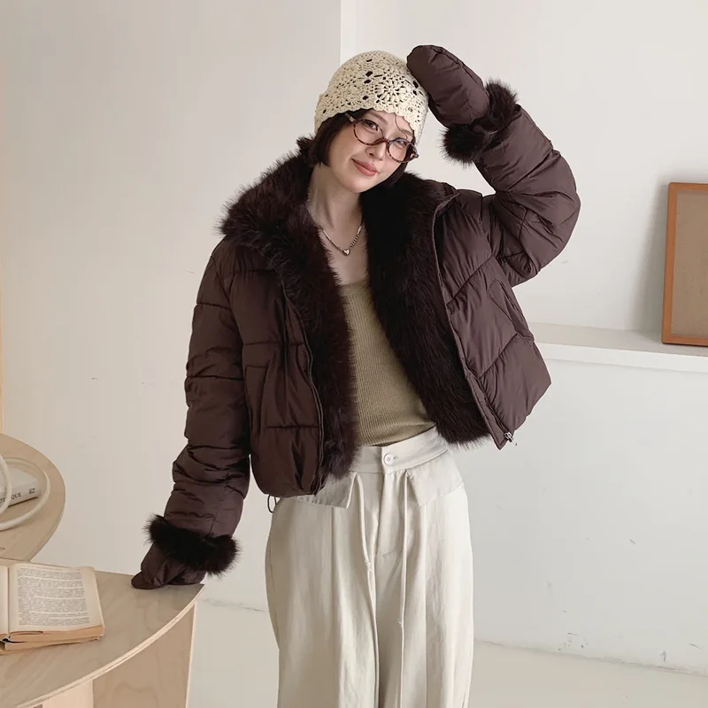 Winter Women Short Jackets Loose Padded Coat Faux Fur Collar Long Sleeve Zipper Pockets Windproof Warm Casual Outerwear Trend