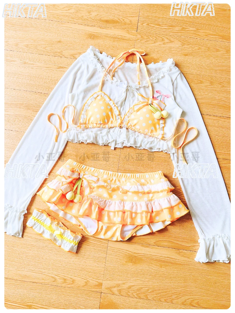 Japanese Push-up Bikini Swimsuit Women Summer Cute Sweet Ruffles Halter Jumpsuit Swimsuit Girl Lolita Seaside Vacation Swimsuit
