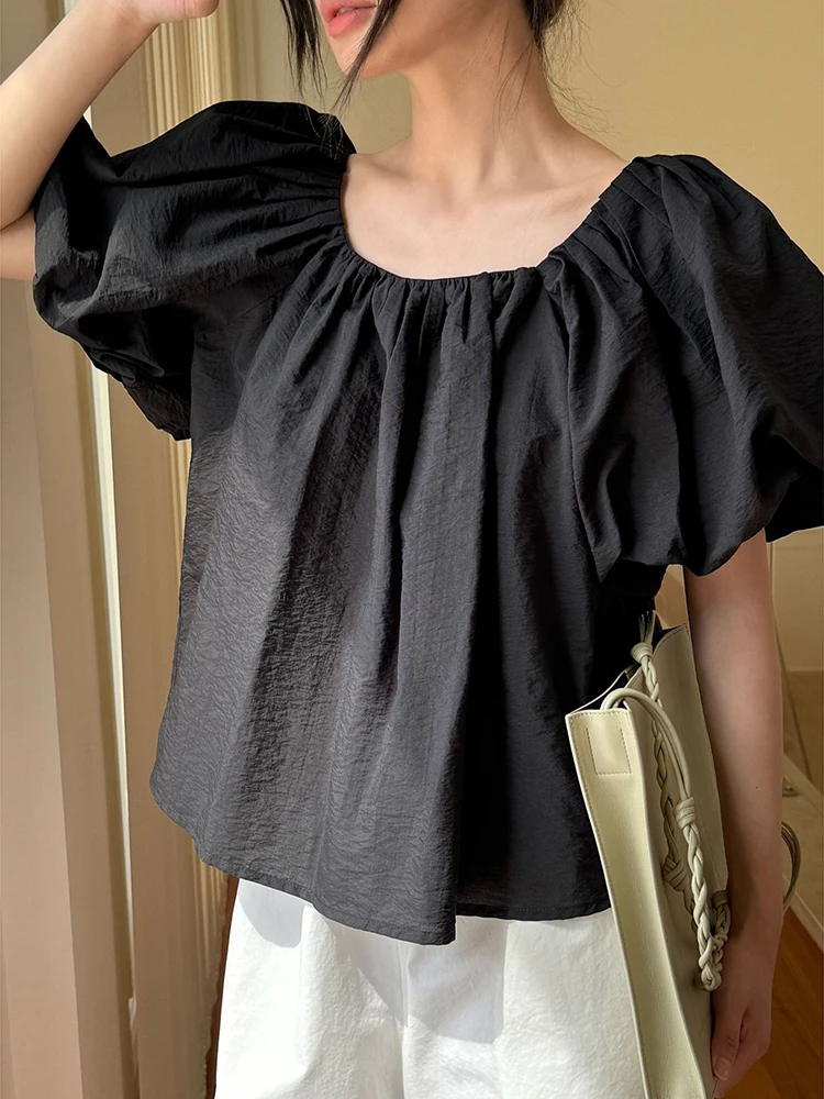 [LANMREM] Puff Sleeve Design Pullover Shirts For Women Round Neck Backless Loose Short Blouses 2024 Summer New Tops 26D9261