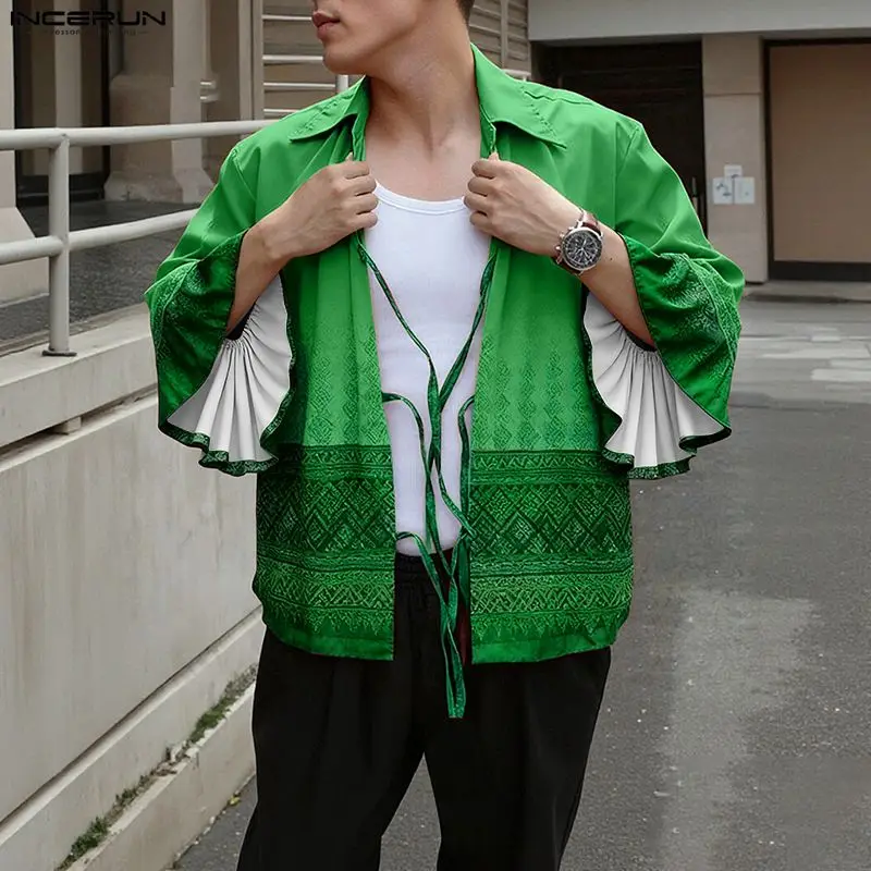 INCERUN الرجال قميص الطباعة العرقية نمط التلبيب مضيئة كم طويل الدانتيل يصل الرجال الملابس الشارع الشهير فضفاض بلايز عادية الذكور القمصان #4