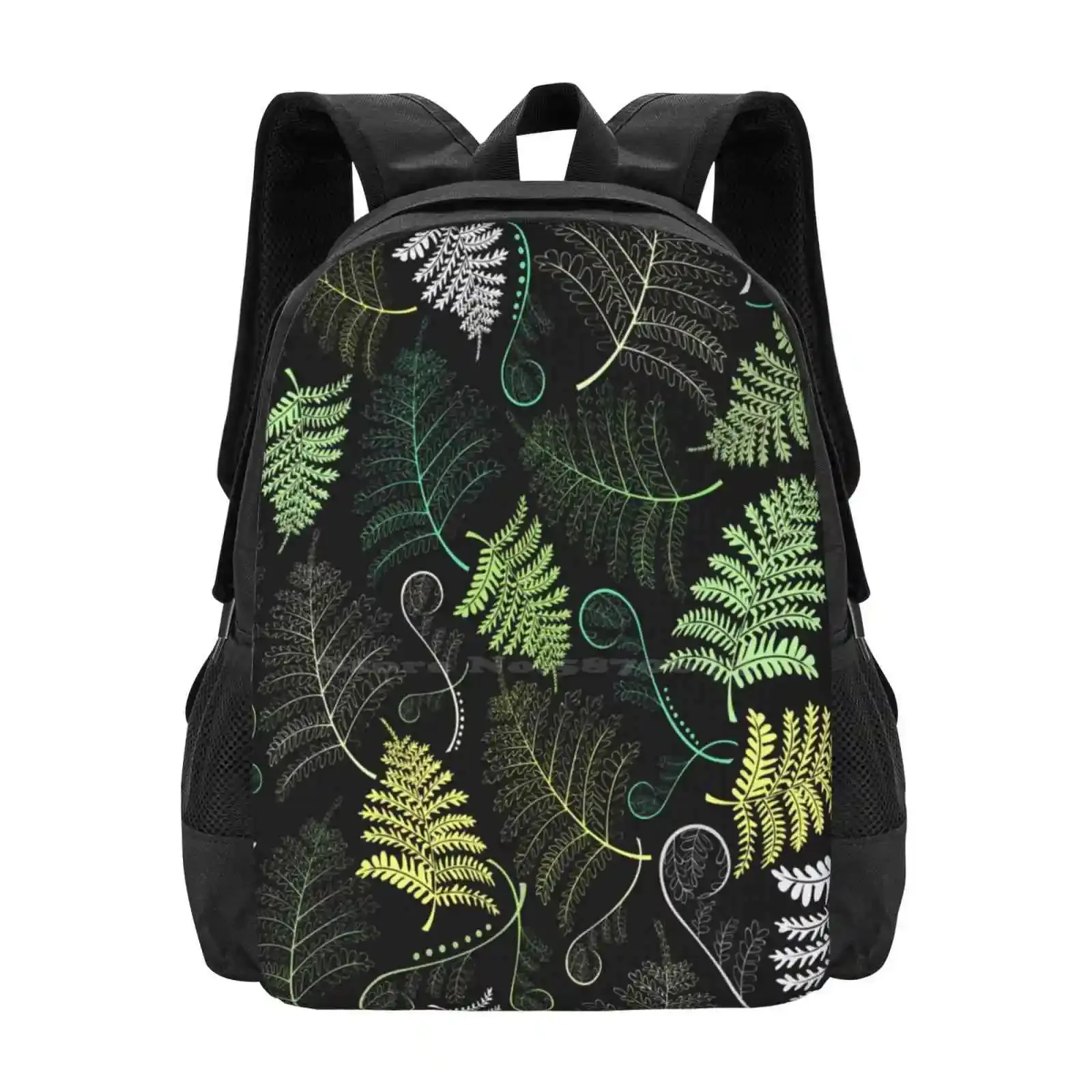 أوراق السرخس الخضراء على خلفية سوداء رائجة البيع حقيبة مدرسية على ظهره حقائب الموضة خلفية سلس ناقلات نمط الغابات كرر