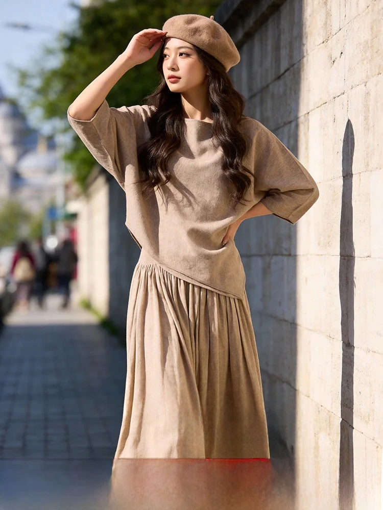 

Spring New plus Size Women's Outfit High Waist A-Line Skirt Long Sve round Ne Wool Blend Casual Commute Sle Set