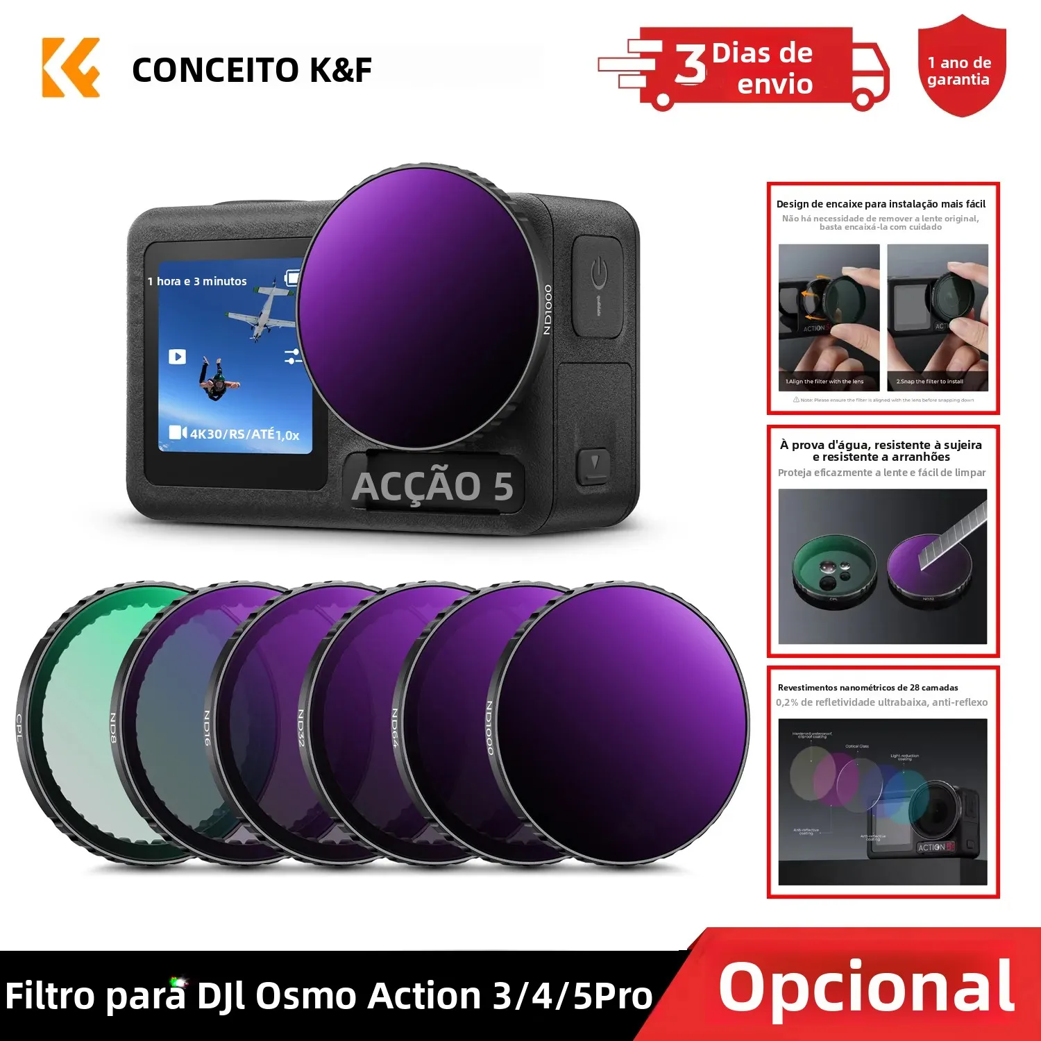Filtro de Câmera de Ação K&F Concept para Dji Osmo Action 5Pro/Action 3/4 Uv Cpl - imagem 1