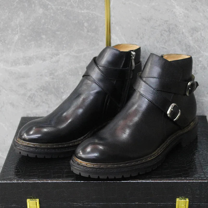 

handsome business leather boots men's high-top thick bottom side zipper black versatile leather first-layer cowhide boots