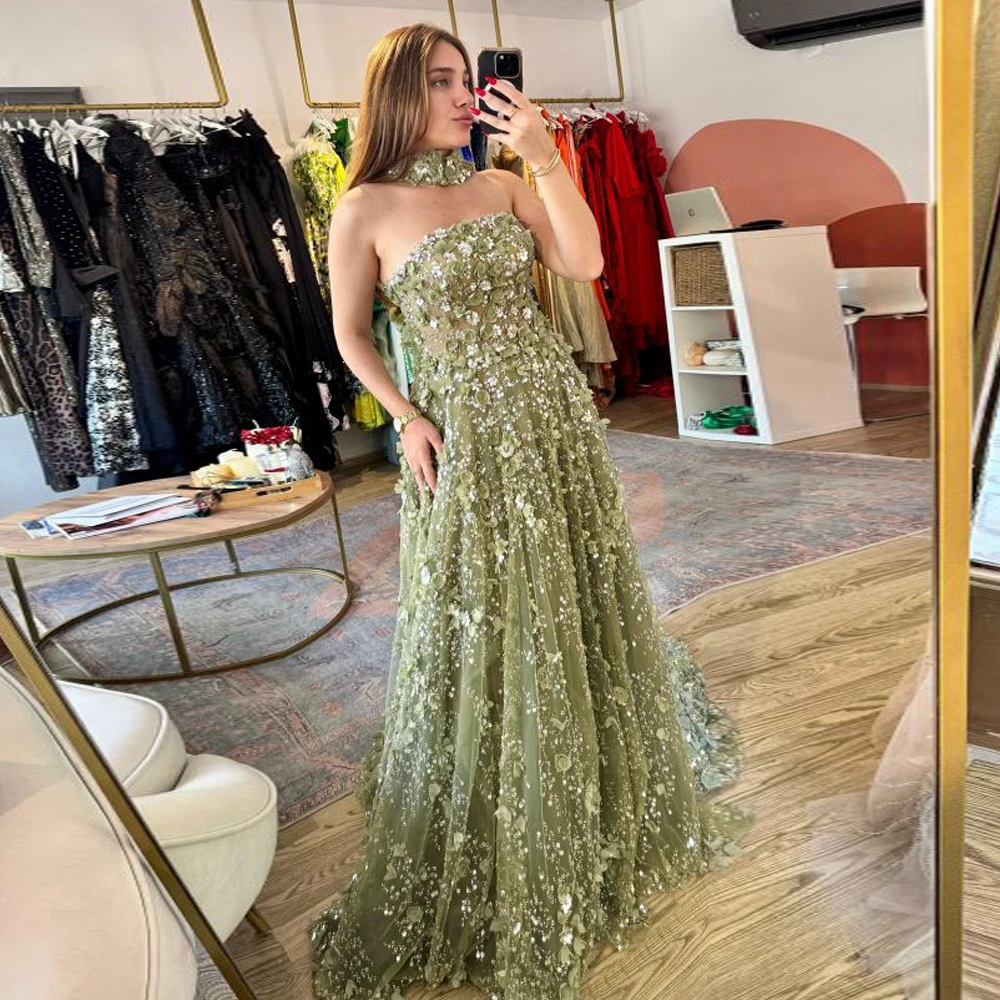 

Романтическое кружевное вечернее платье с цветочным принтом по индивидуальному заказу и шарфом без бретелек, трапециевидные платья для выпускного вечера, зеленые платья