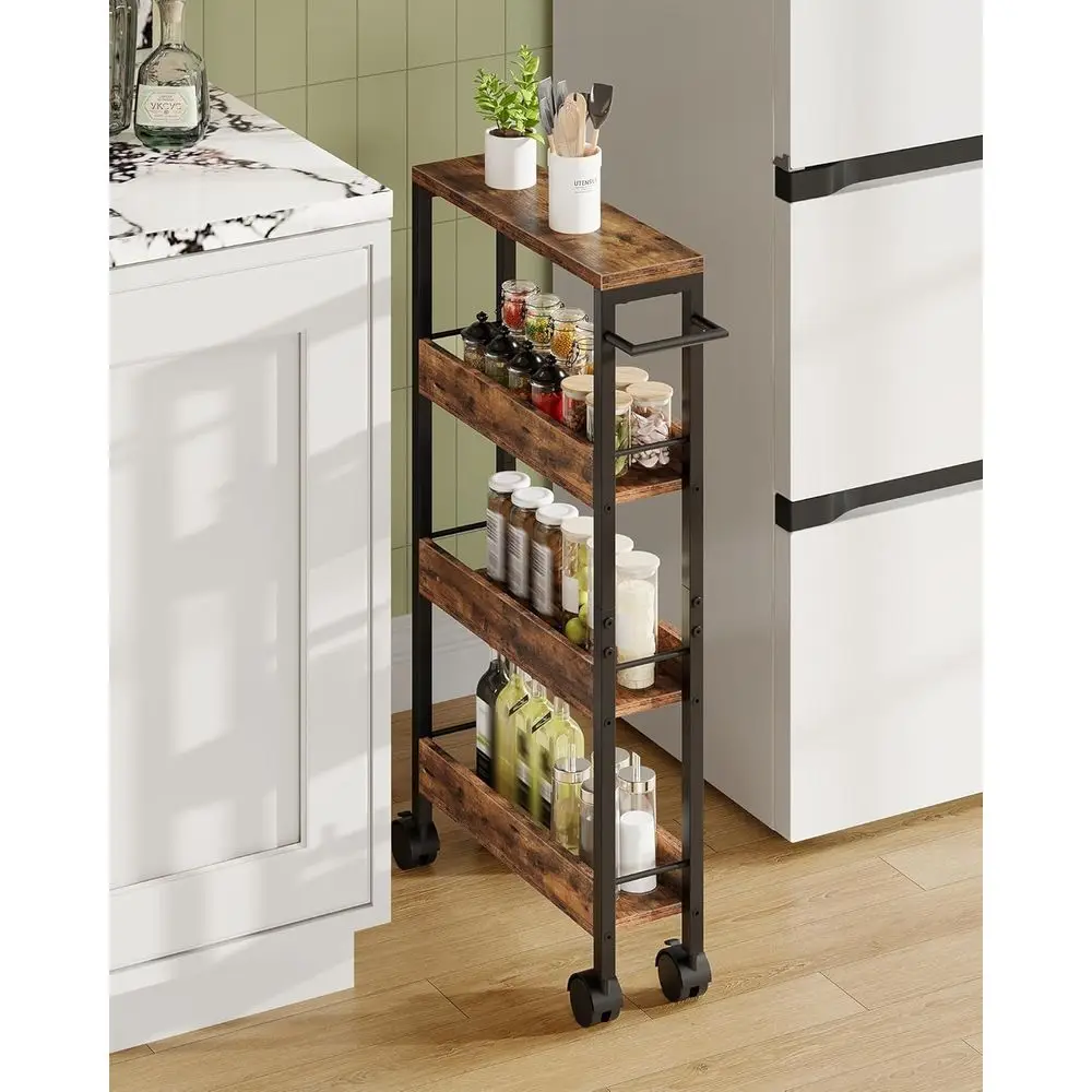 

4-Tier Slim Storage Cart, 5.1'' Kitchen Serving Trolley, Slim Rolling Cart with Handle and Guard Rails, Slim Cabinet