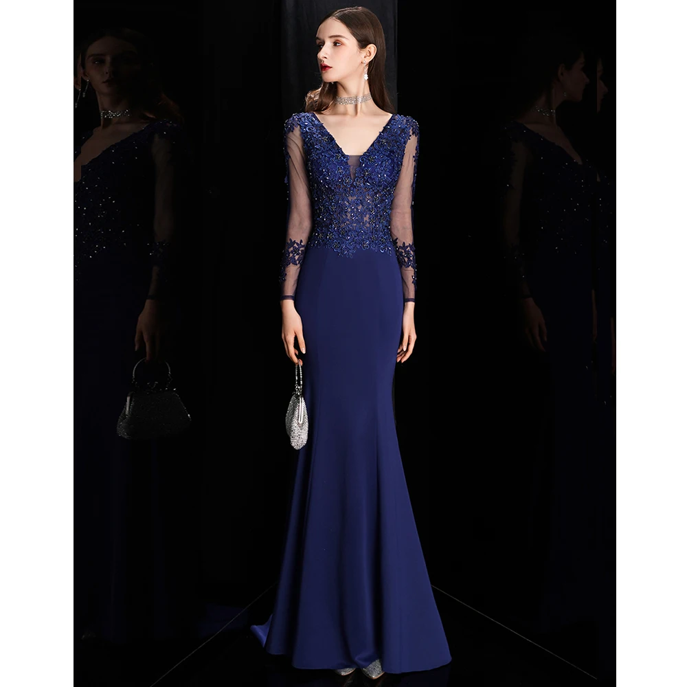 DEERVEADO Elegant Mermaid V Neck Satin Evening Dress with Appliques Full Sleeves Formal Occasion Party Dress Evening Gown