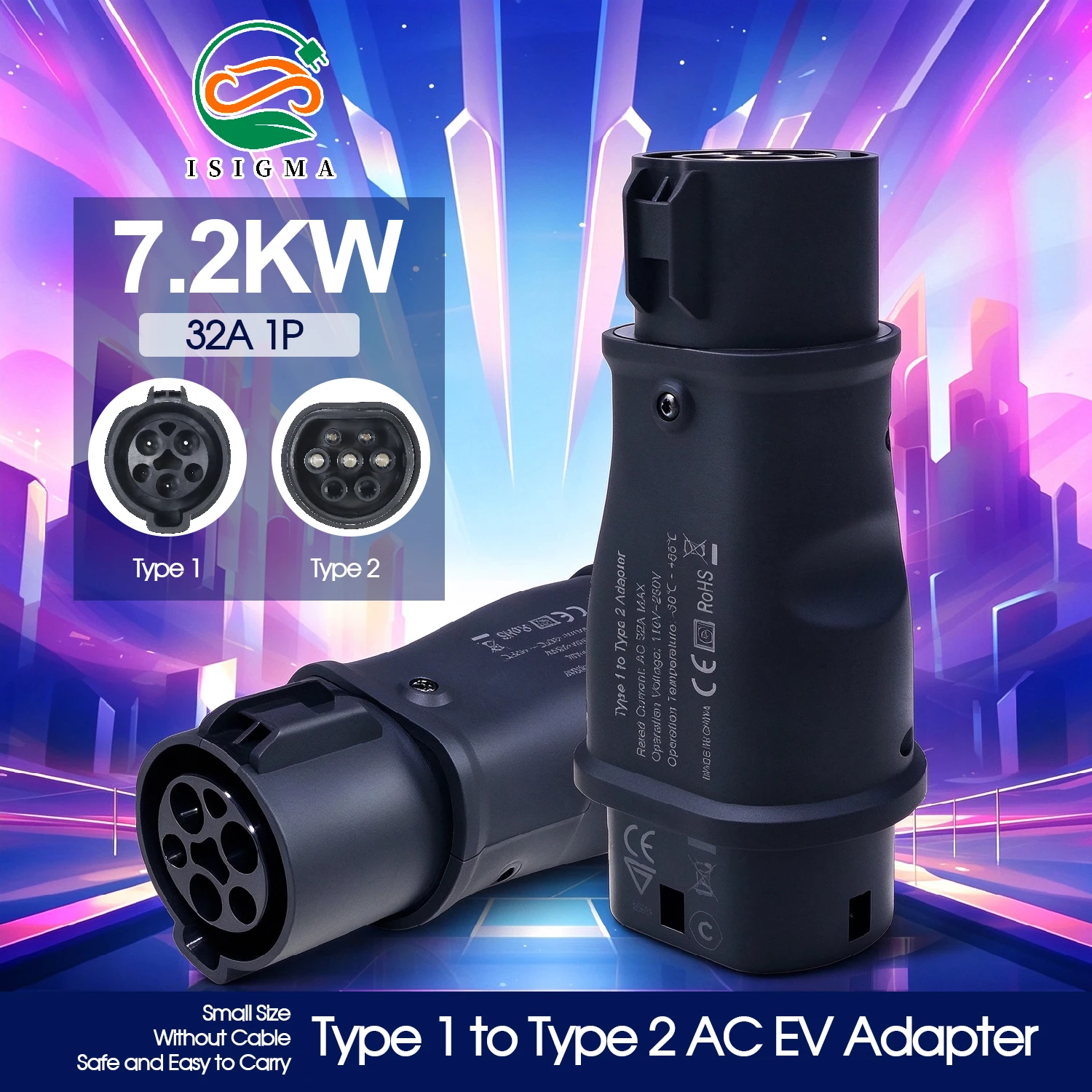 ISIGMA Type 1 to Type 2 Adapter 32A 7.2KW 1 Phase J1772 Connector IP54 AC EV Charging Type 1 to Type 2 Adapter for EV Car