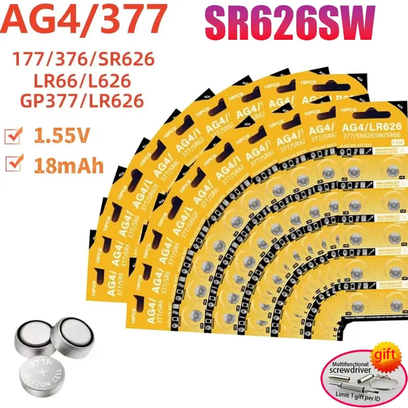 10PCS-100PCS 1.55V AG4 377 Button Battery SR626 Button Alkaline Battery 177 376 626A LR66 LR626 Suitable for Watches Toy Clocks