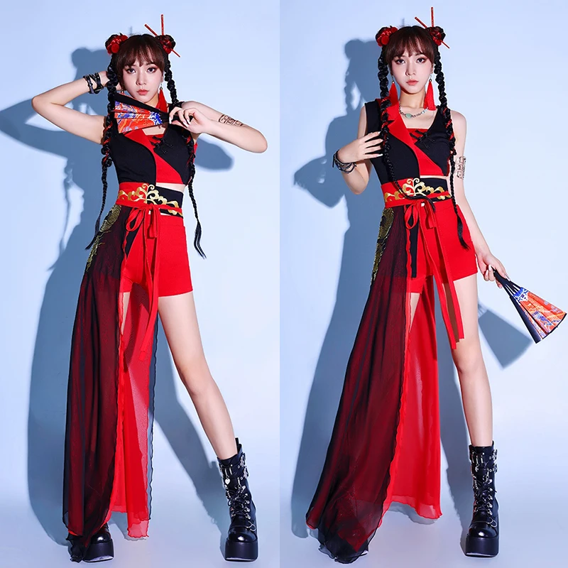 

Chinese Style New Girls Group Jazz Dance Stage Clothes Halloween Costume Festival Party Outfit Women Kpop Singer Idol Set XH786