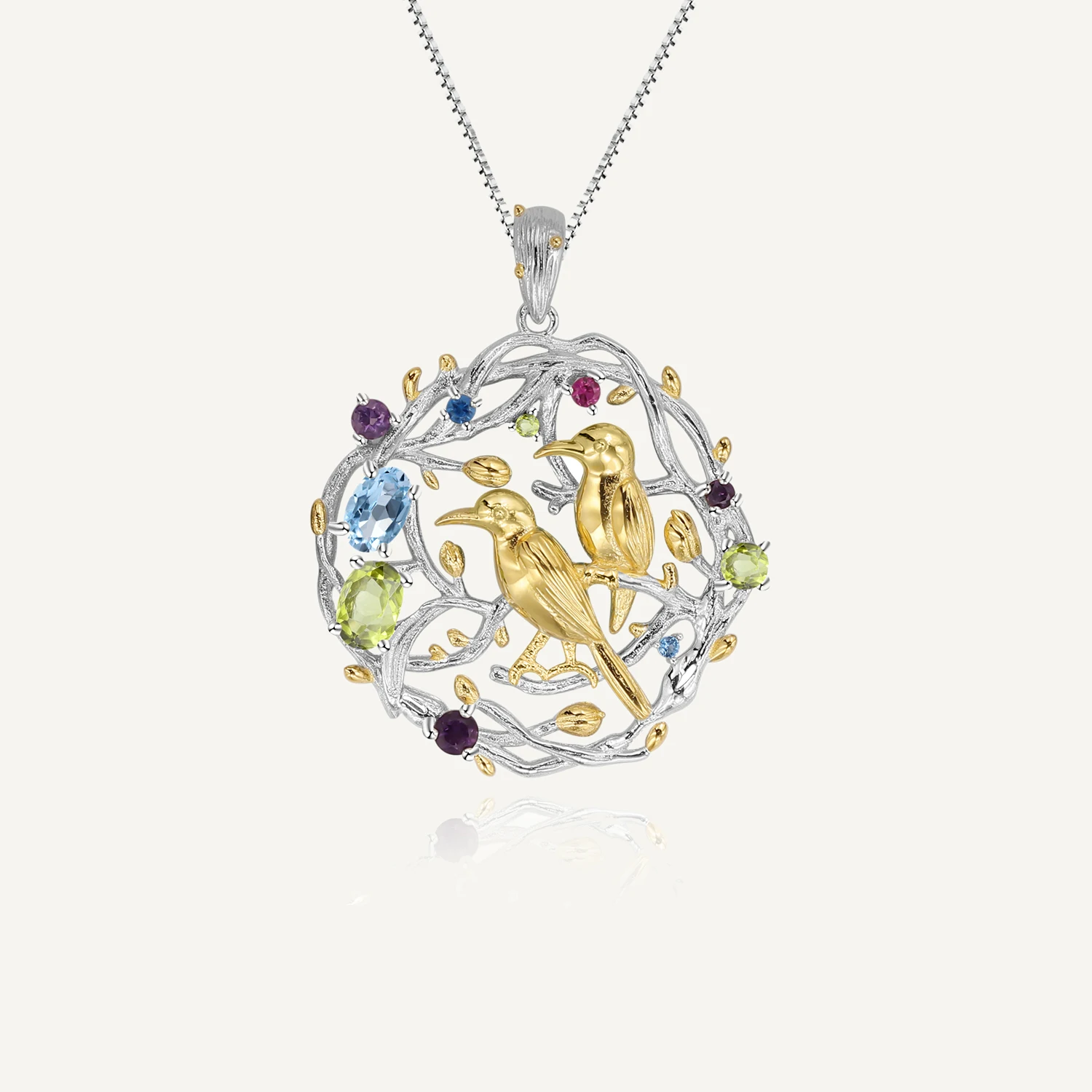 

GEM'S BALLET 925 Sterling Silver Handmade Bird Branches Busy Garden Natural Multicolor Topaz Gemstones Women's Pendant Necklace