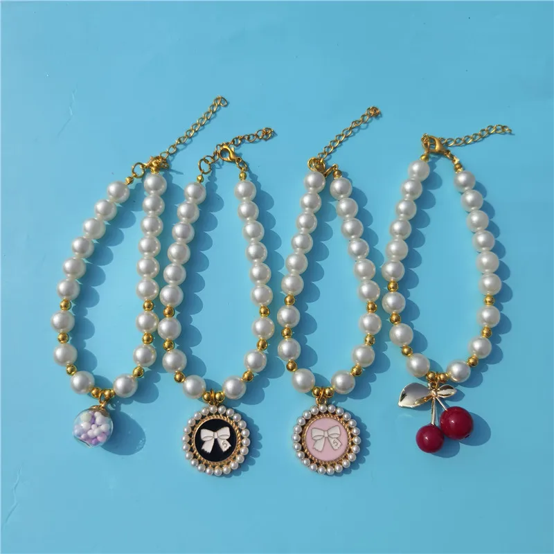 

New Cute Pearl Pet Collar Hangtag Cherry Bell Ball Pendants Adjustable Neck Dog Accessories for Small Dogs Cats Beauty Products