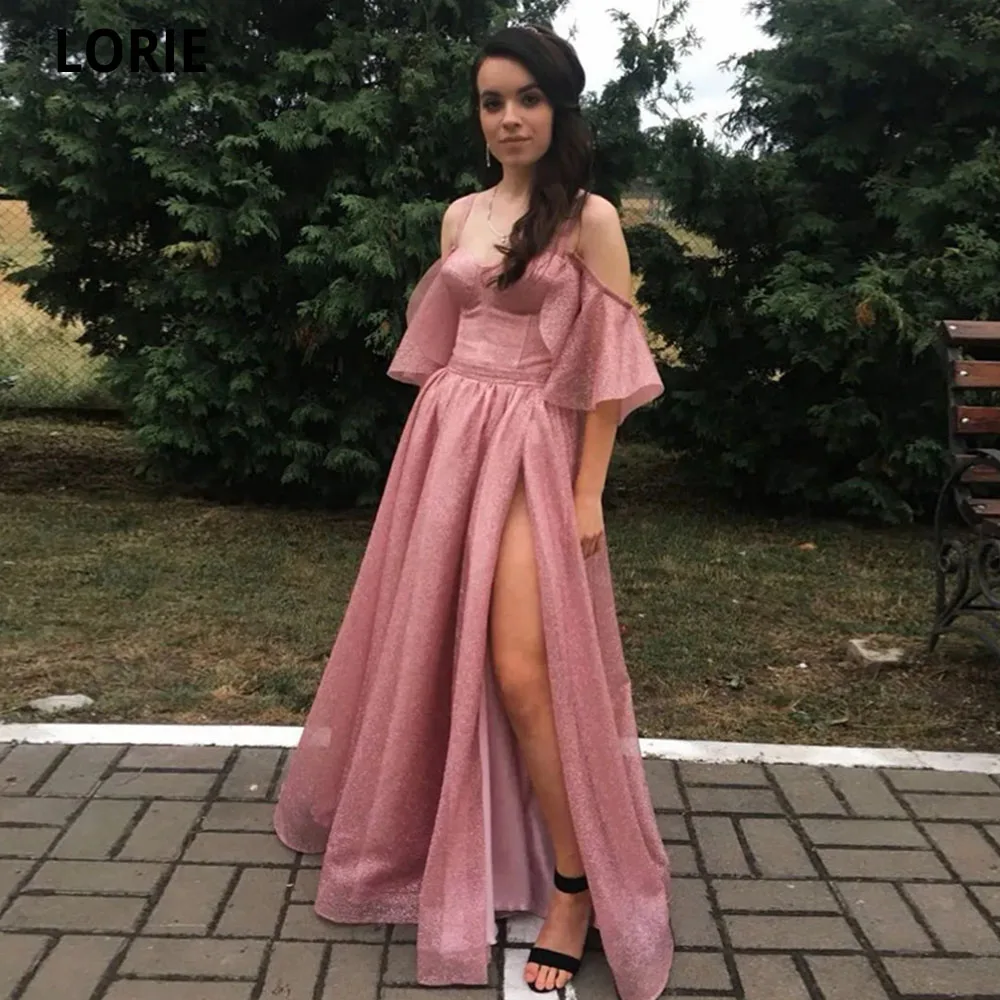 

LORIE Sexy Spaghetti Straps Girls Glitter Tulle Long Prom Dresses 2022 For Birthday Party Gowns Dusty Pink Robe De Soirée Femme