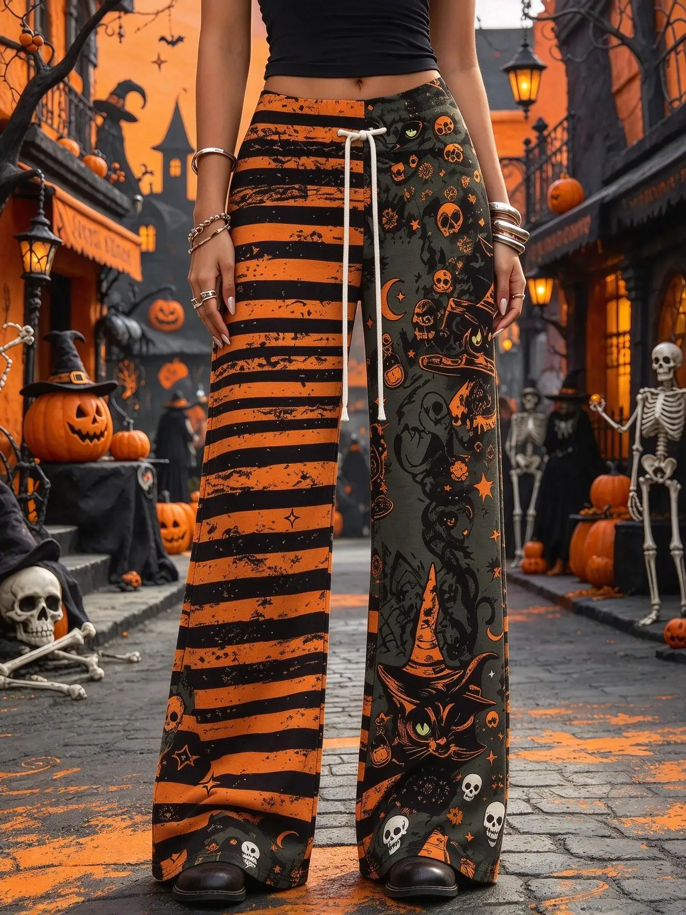 Halloween Ladies Wide Leg Trousers, Striped & Printed Patchwork Witch Cat Skull Bat Drawstring Casual Pants