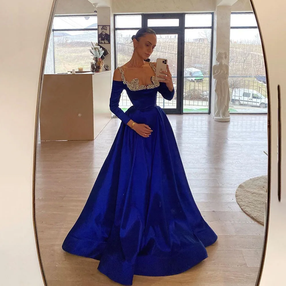 

SoDigne Royal Blue A Line Evening Dresses For Women Formal Long Gown Crystal Spaghetti strap Prom Gown Elegant Party Dress