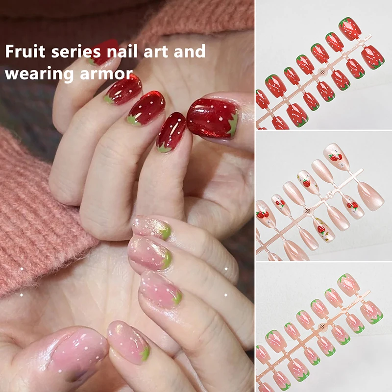 30 個のフェイクネイルシンプルな人工プレスオンネイルチップネイルアートキャットアイ付け爪着用アーマーウェアラブルスイカイチゴ