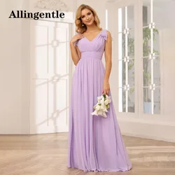 Allingentle Elegant V-Neck Bridesmaid Dresses 2024 Ruffles Short Sleeves Pleated A-Line Floor Length Side Slit Formal Party Gown