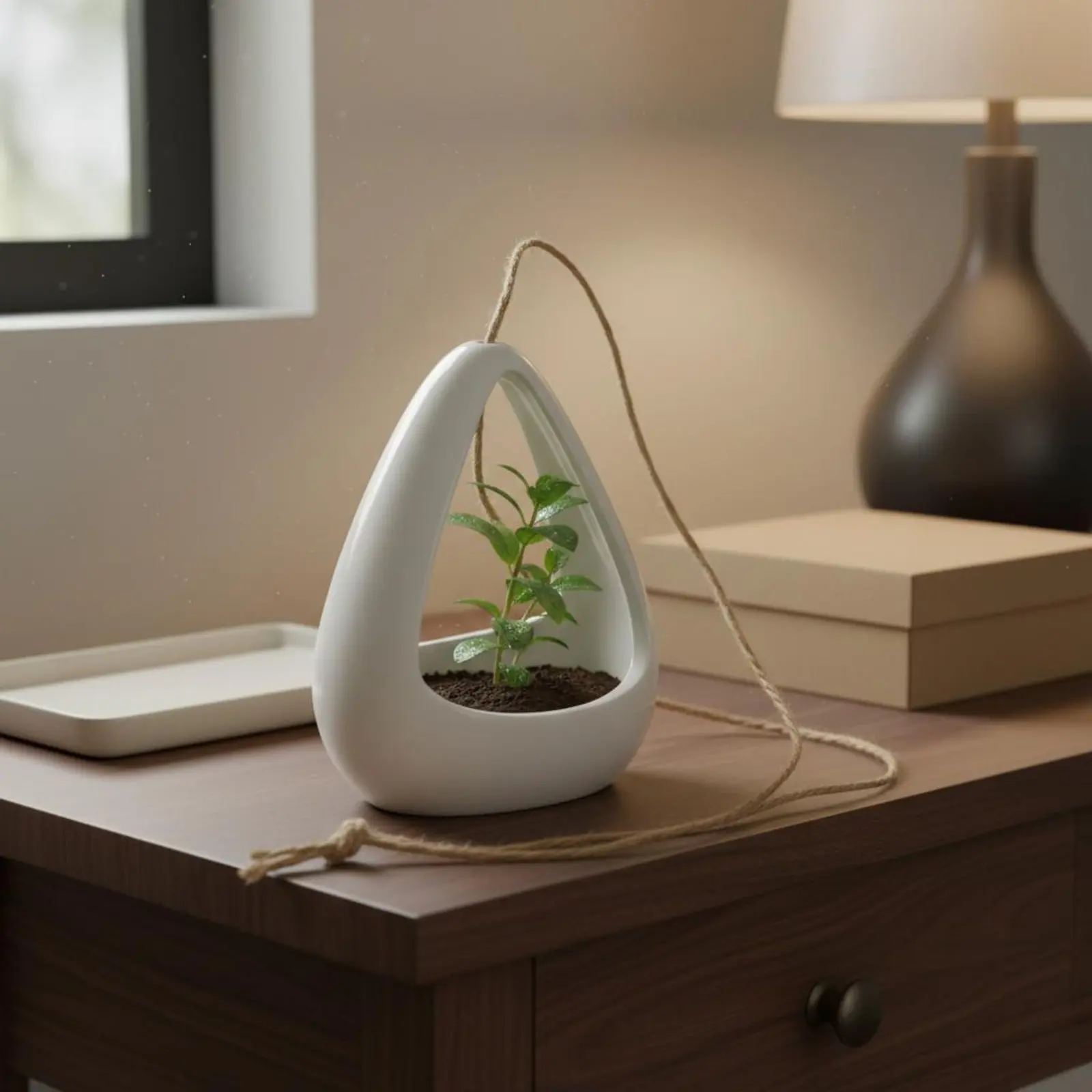 Vaso Suspenso de Cerâmica Minimalista com Corda, Vaso de Flores em Forma de Tambor, Vaso de Planta que Economiza Espaço, Fácil de Pendurar para o Pátio