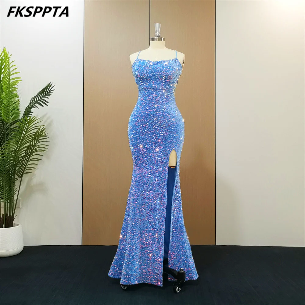 Backless Mermaid Baby Blue Evening Dress 2023 Strapless High Slit Elastic Sequins Sexy Women Gowns For Birthday Robe De Soiree