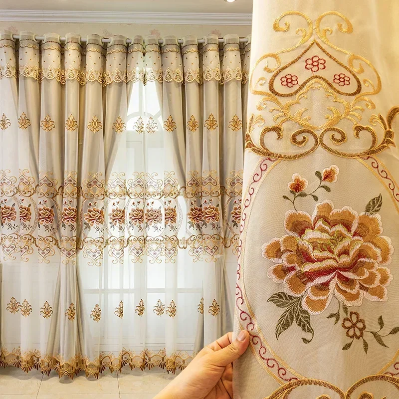 European High-end Double-layer Curtains for Living Room Bedroom Blackout Luxury Gauze Window Cloth Integrated Blackout Custom