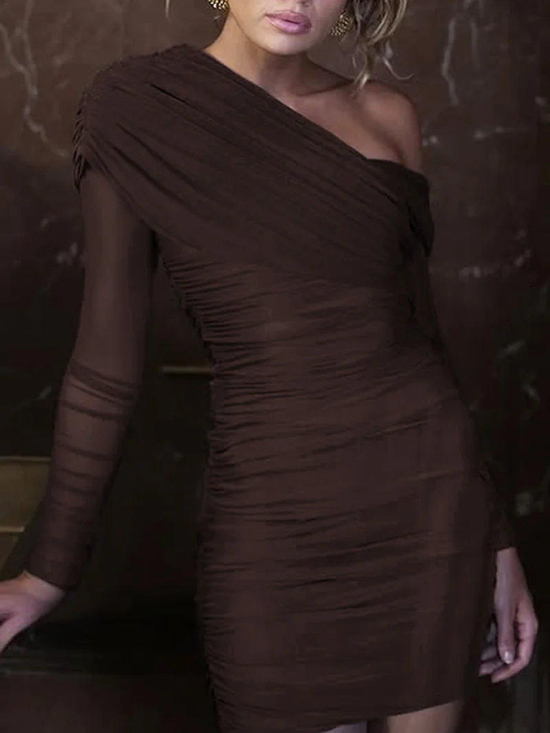 DGLUKE – Mini robe Sexy en maille transparente pour femmes, épaules dénudées, manches longues, asymétrique épaule dénudée, froncée, moulante