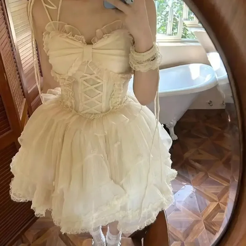 

Kawaii Lolita Dress Women Vintage Sweet Lace Bow Ruffles Cake Dresses 2025 Summer Japanese Style Harajuku Y2k Slim Bandage Dress