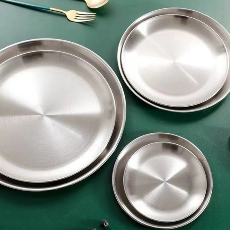 ABHG Stainless Steel Bone Spitting Dish Silver Shallow Tray Metal Dining Disc Round Plate Dessert Tableware