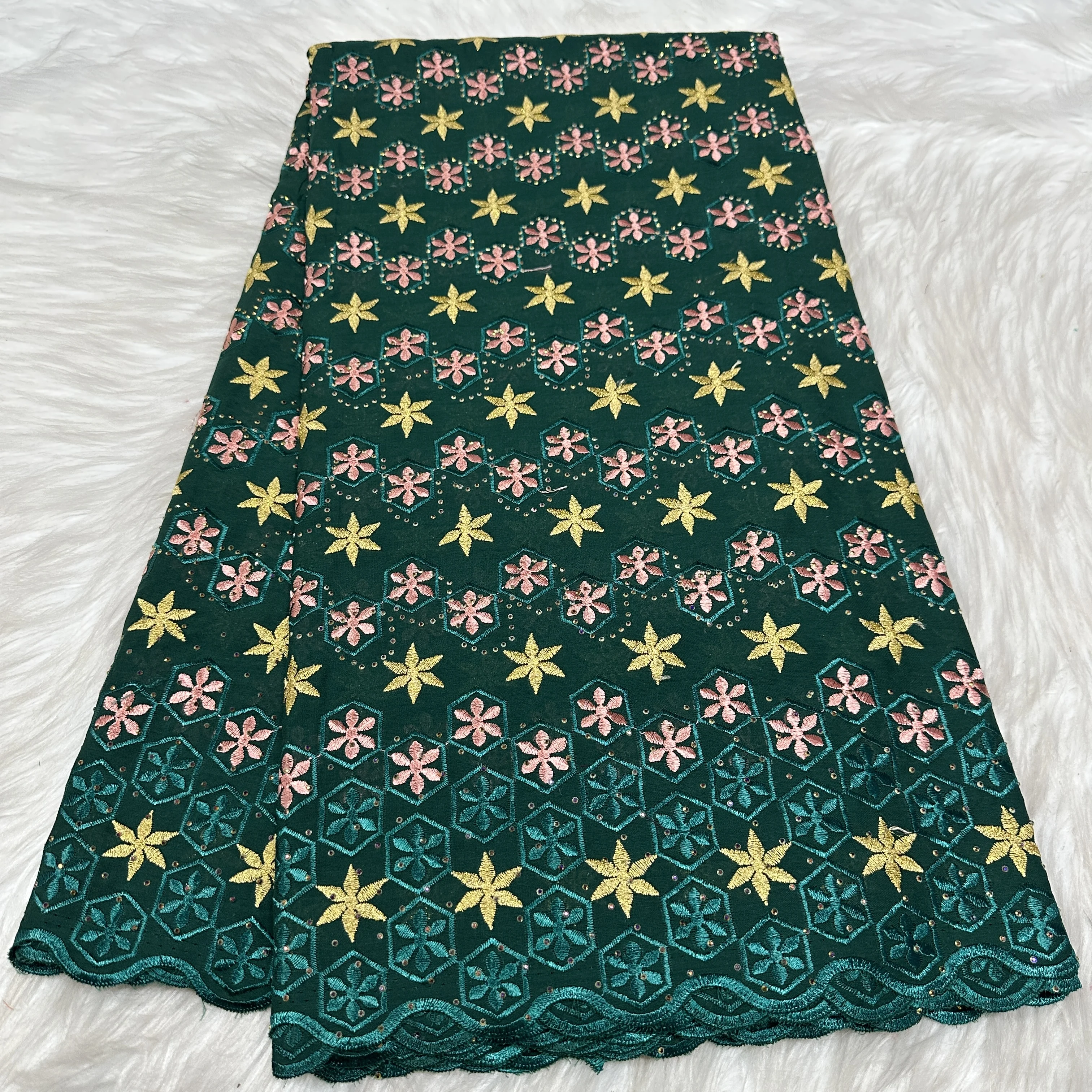 

African 100% Cotton Lace Fabric 2025 With Stone High Quality Nigerian Swiss Cotton Lace Fabric 5 Yards For Women Wedding Dresses