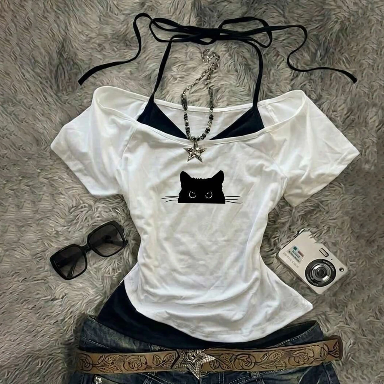 American Short Sleeved T-Shirt off Shoulder Slim Fit Top Summer Fashion Kawaii Retro Tees Y2K Creative Design Fake Two-Piece Set
