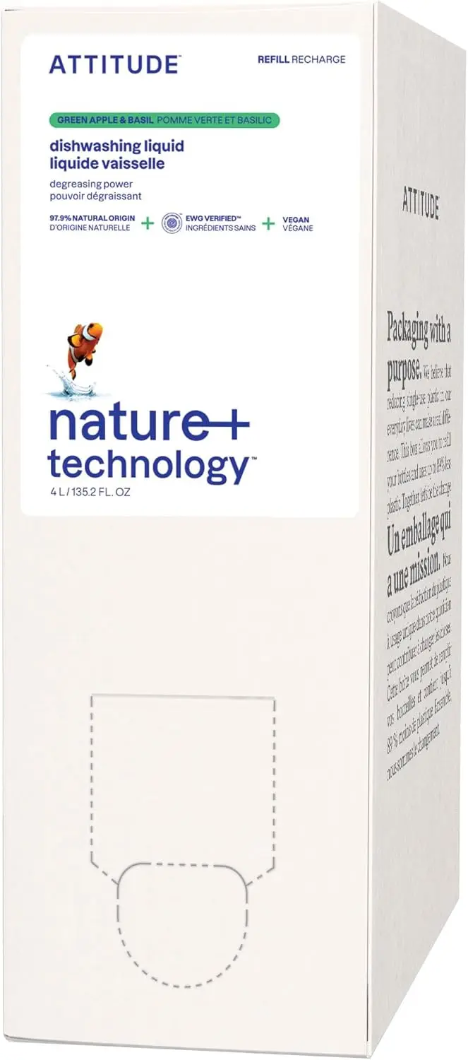 

Dish Soap Refill, EWG Verified, Plant-Based & Vegan Dishwashing Liquid, Naturally Derived, Green Apple & Basil Scent, 1