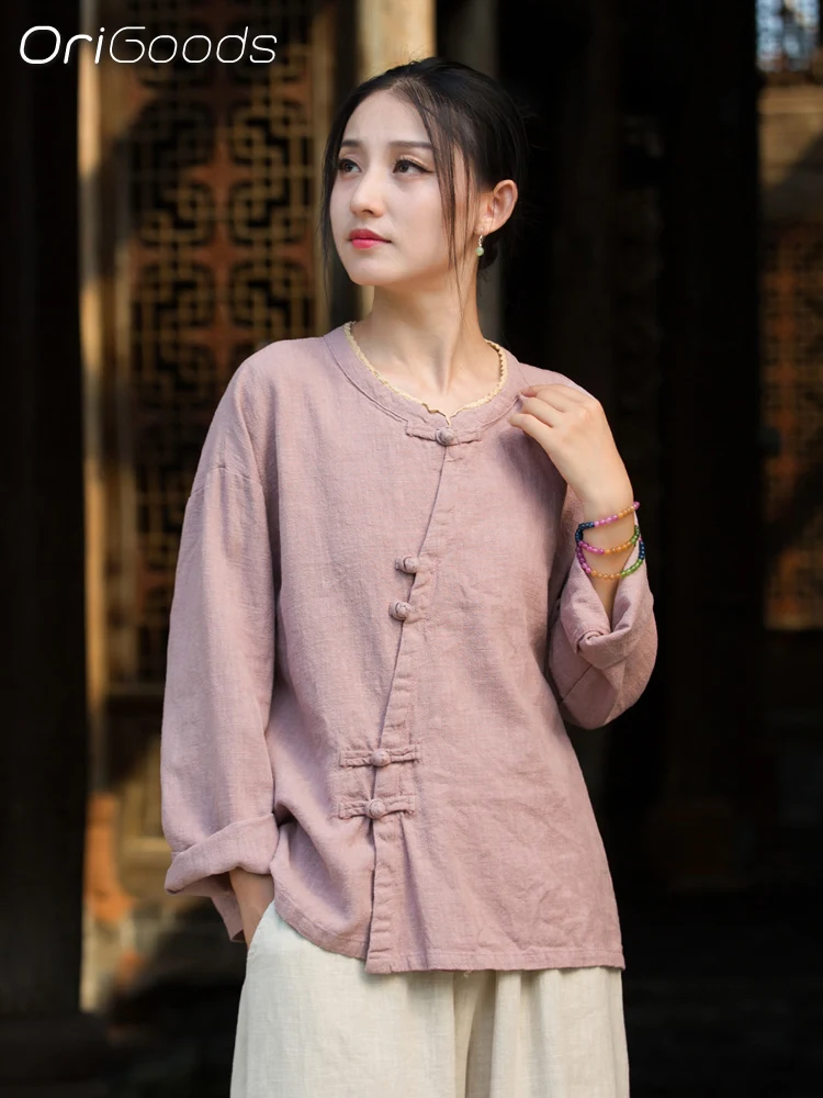 

OriGoods Рубашка с длинным рукавом Женская Рами Хлопок Китайский стиль Осенние топы Блузка 2025 Новая льняная рубашка Пальто Японский дзен Стиль B326