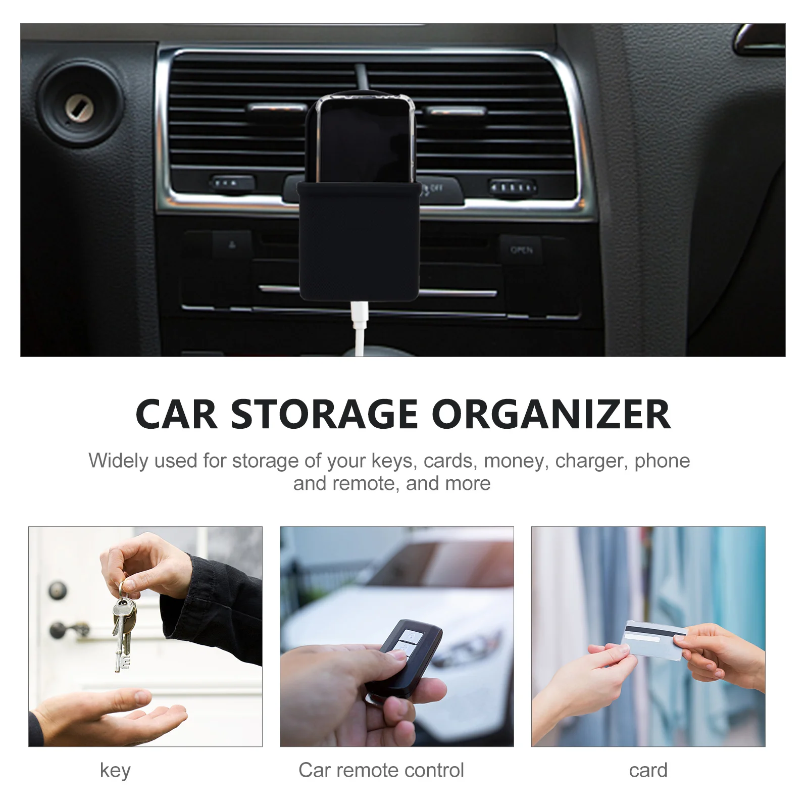 

Car Air Outlet Storage Bag Black Color Easy Install Remove Key Card Money Phone Remote Holder Multifunctional Organizer