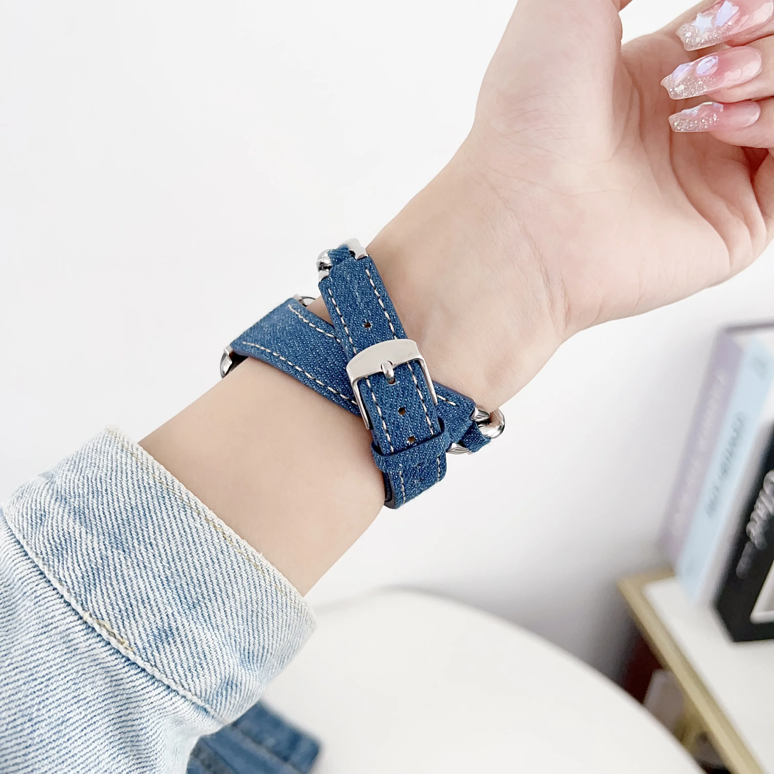 سلسلة ملابس دينيم لشريط ساعة أبل للنساء ، سوار ، إيوتش 987654321se موضة فائقة ، فولاذ مقاوم للصدأ ، 40 ، 41 ، 42 ، 44 ، 45