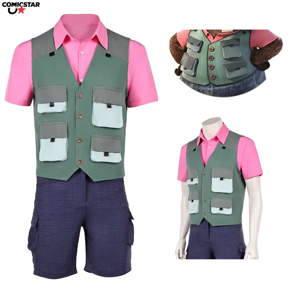 

Beaver Nibbles Cosplay Zoo Cartoon Movie Costume Men Shirt Multi-pocket Safety Vest Cargo Shorts Outfit Halloween Party Disguise