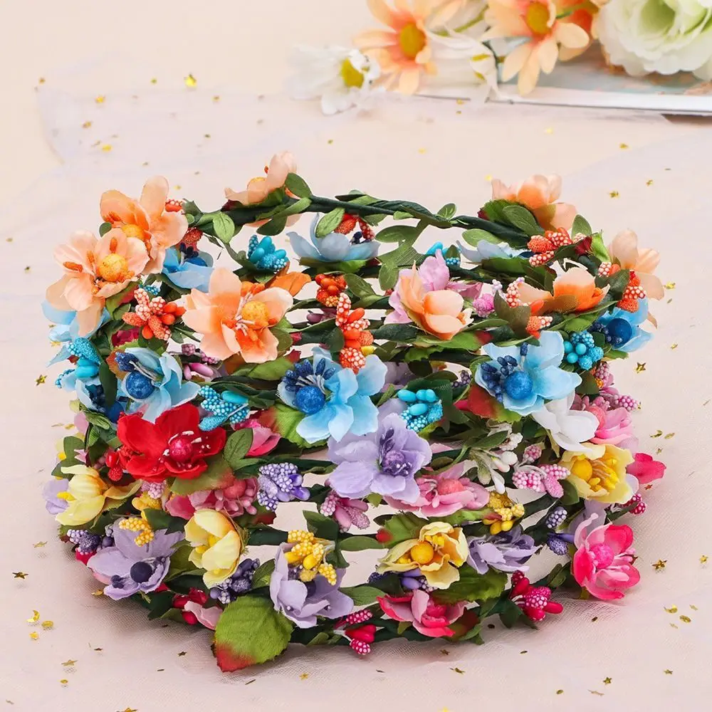 Girls Floral Wreath Fashion Bohemia Garland Flower Crown Women Headbands with Adjustable Ribbon Bridal Halo Headpiece