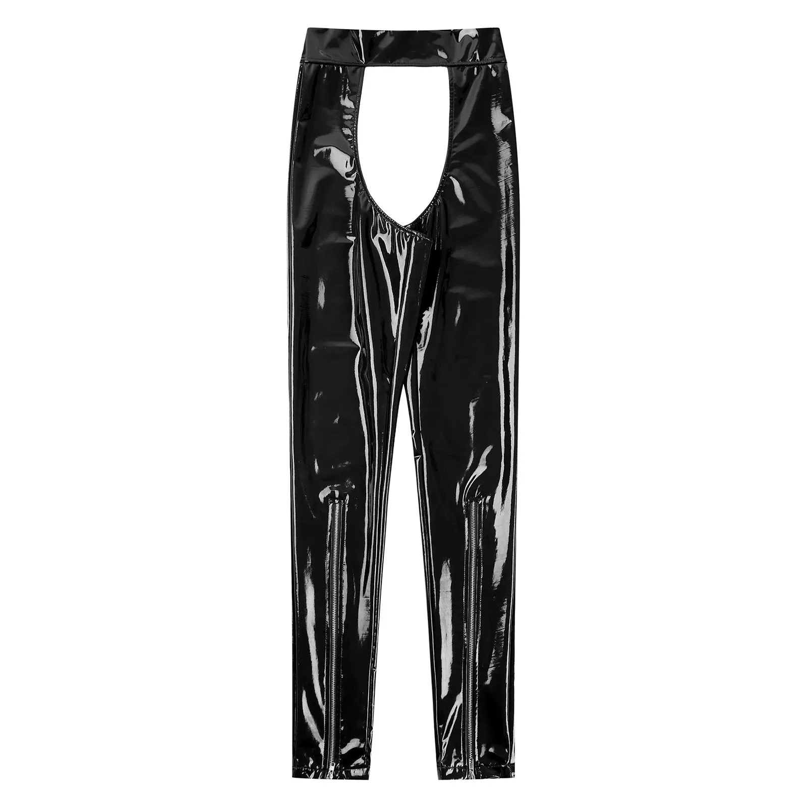 Women Sexy Crotchless Open Butt Pants Wet Look Patent Leather Trousers High Waist Cutout Leggings Nightclub Clubwear Nightwear