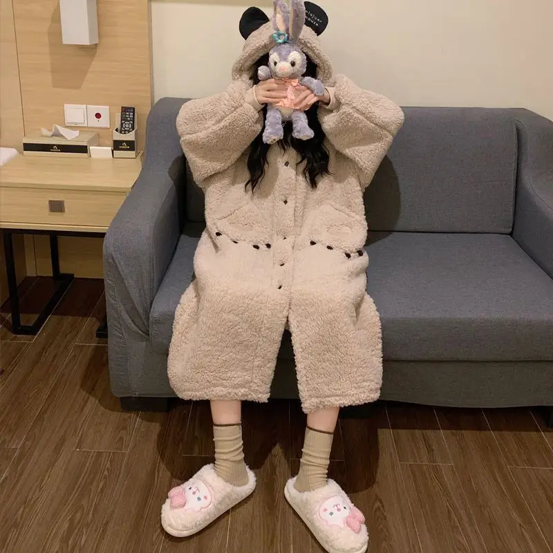 

Cartoon Girls' Pajama Set Winter Hooded Robe New Coral Fleece Thicken Keep Warm Homewear Sweet Kawaii Long Style Nightwear Set