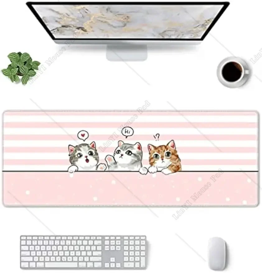 لطيف القط الوردي ماوس الوسادة كبيرة XL Kawaii الألعاب ماوس الوسادة مخيط حواف عدم الانزلاق المطاط ماوس حصيرة للعمل المكتبي 31.5X11.8 بوصة