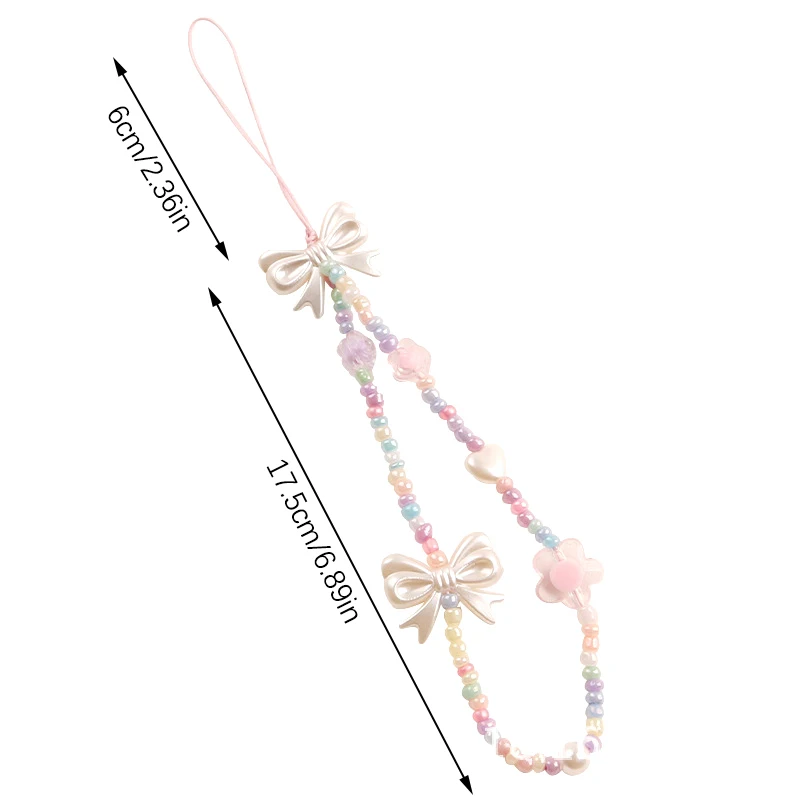 1Pcs Colored Baded Chain Bow Mobile Phone Chain Women Girls Beaded Telephone Lanyard For Anti-Loss Cellphone Jewelry